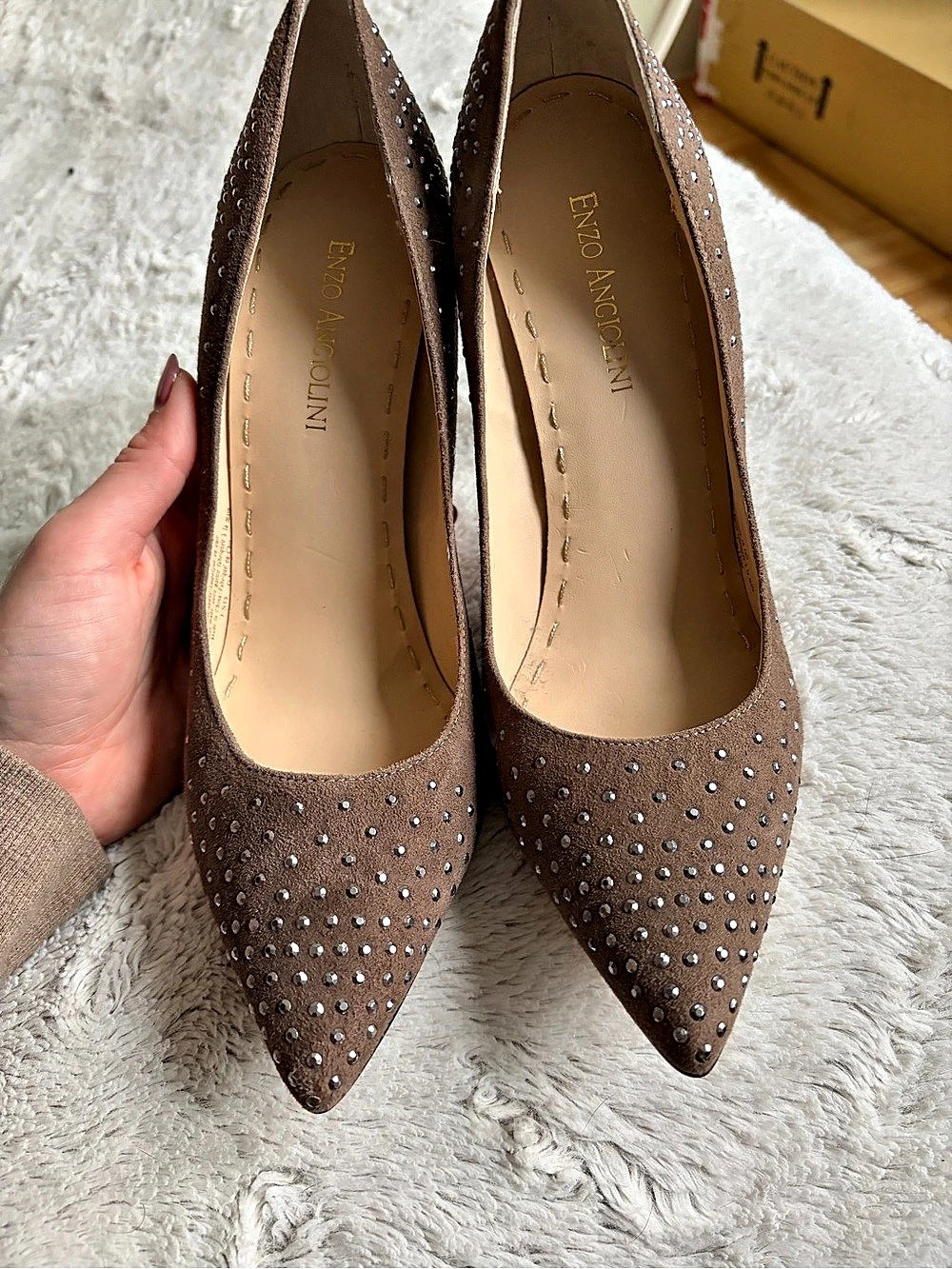 Enzo Angiolini Rhinestone Pointed-Toe Heels in Brown